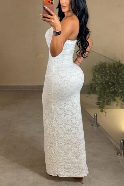 Solid Color Sleeveless Off-shoulder Slim Fit Slit Ruffle Maxi Dress