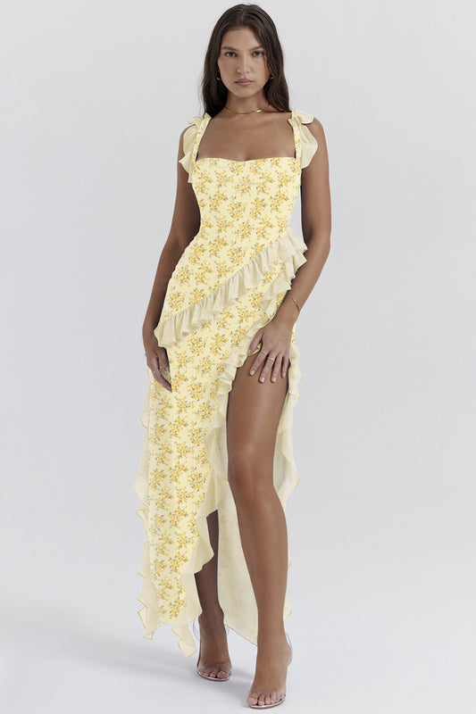 cherry ruffle maxi dress-yellow flower