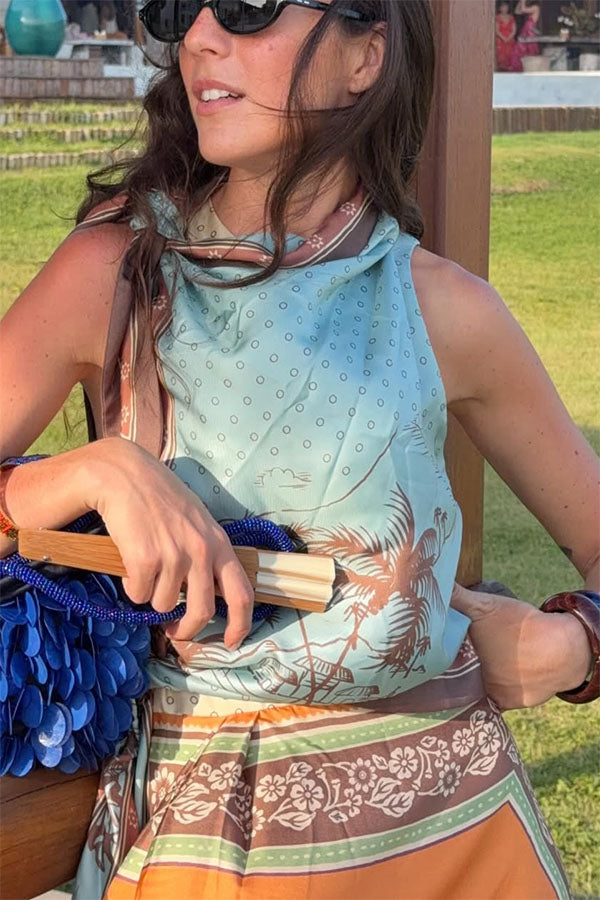 Alberta Satin Unique Color-blocked Print Tie Detail Layered Scarf Midi Dress