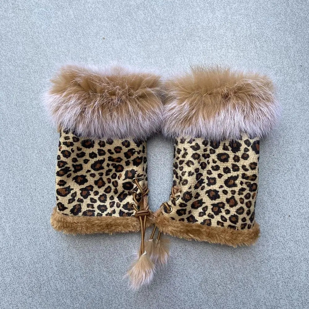 Thicken Fur Leopard Fingerless Gloves