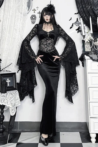 Dark Gothic Lace Fitted Flared-sleeve Hollow-out Maxi Dress