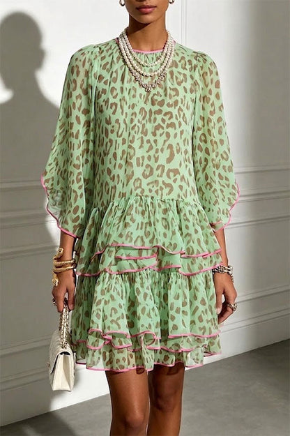 Amara Green Leopard Print Tiered Ruffle Mini Dress