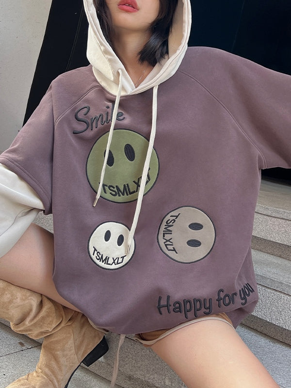 Smiling Print Splice Drawstring Oversized Hoodie
