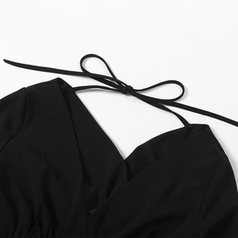 Long flared sleeve v neck self tie solid top  | Festival Outfits Women
