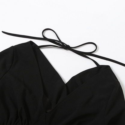 Long flared sleeve v neck self tie solid top  | Festival Outfits Women