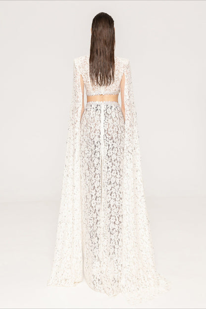 Lace Beaded Sequin Slim Cape Reception Dress