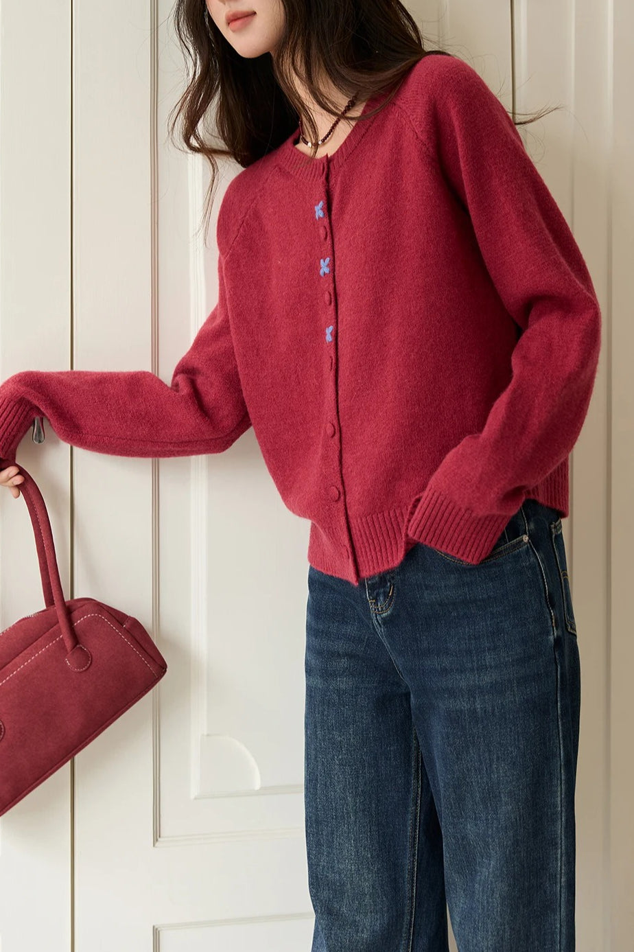Round Neck Embroidered Buckle Cardigan