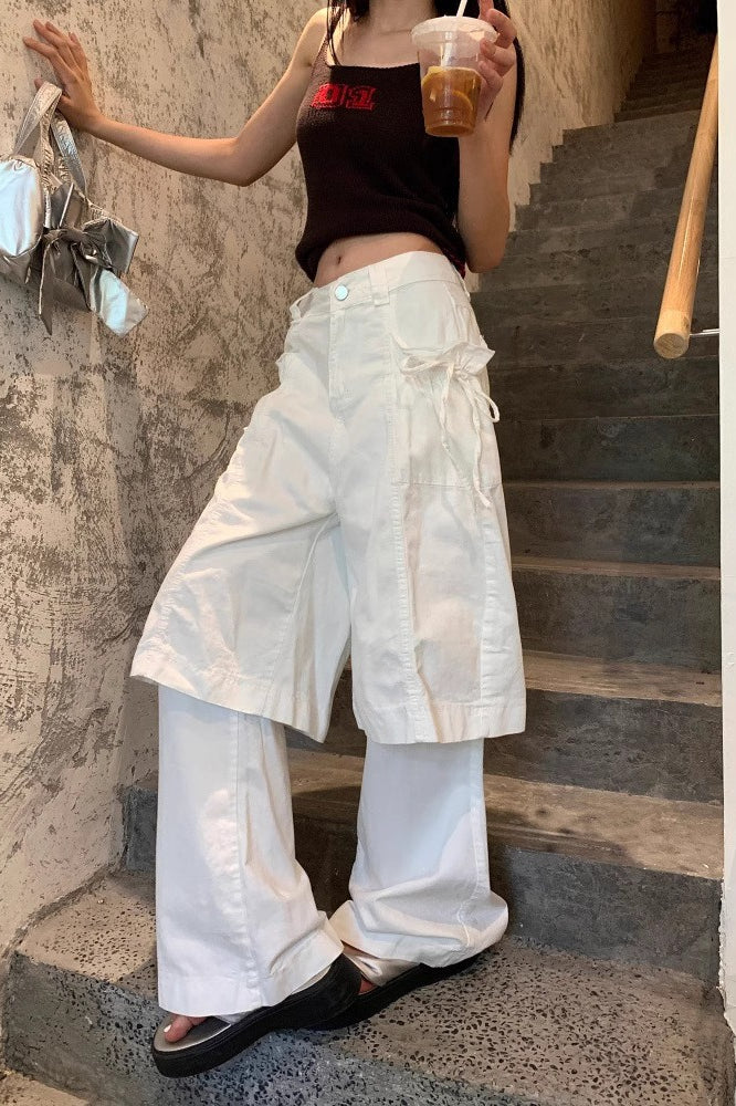 Bow Decor Layered Look White Baggy Pants