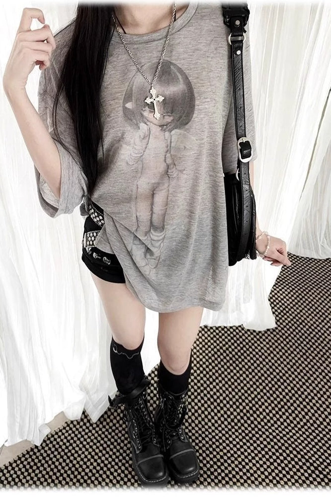Vintage Angel Print Loose Sunscreen T-shirt