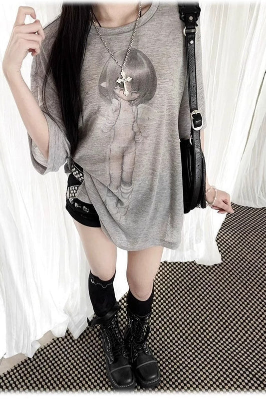 Vintage Angel Print Loose Sunscreen T-shirt