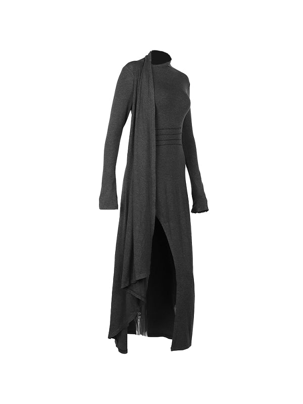 Solid Thigh Split Long Sleeve Midi Dress