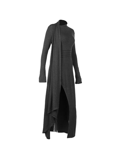 Solid Thigh Split Long Sleeve Midi Dress