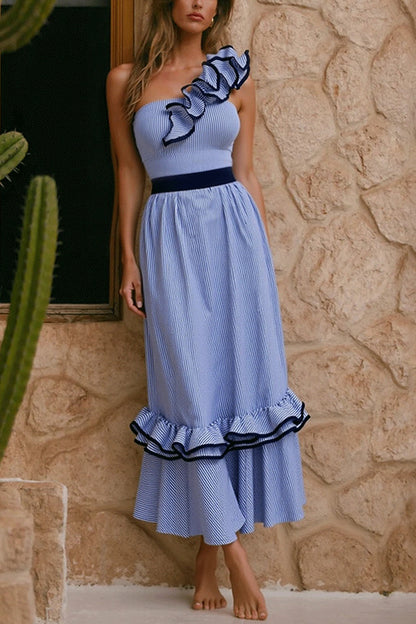 Striped Print Elegant Ruffle Trim Vacation Maxi Skirt