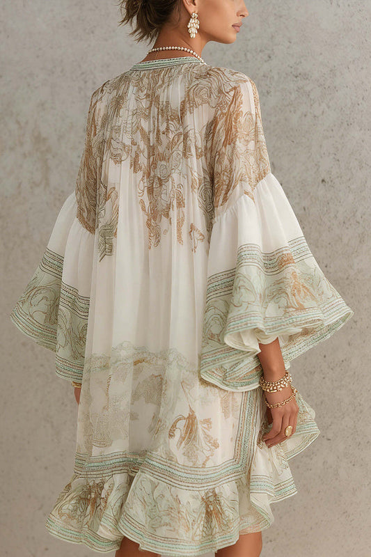 Mini Dress with Flared Sleeves and Printed Ruffles