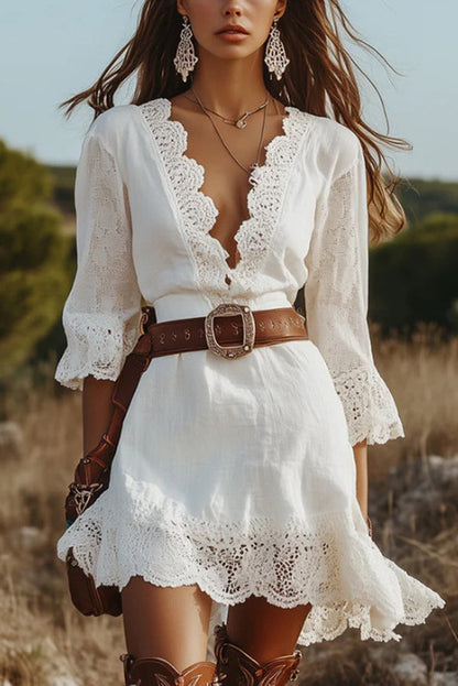 Solid Color V-neck Lace Trim Slim-fit Mini Dress