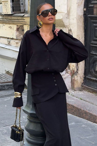 Elegant Creative Street Style Solid Long Sleeve Shirtdress Two Piece Set