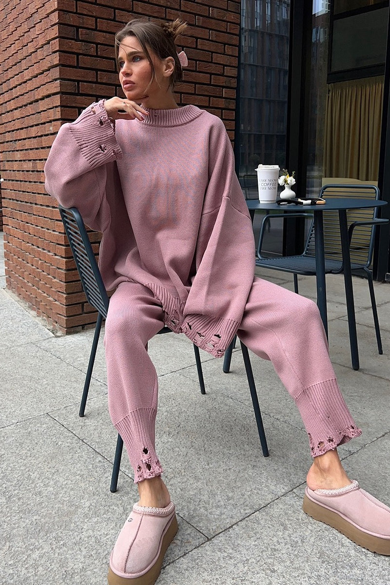 Solid Distressed Knit Crew Neck Sweater Two Piece Set