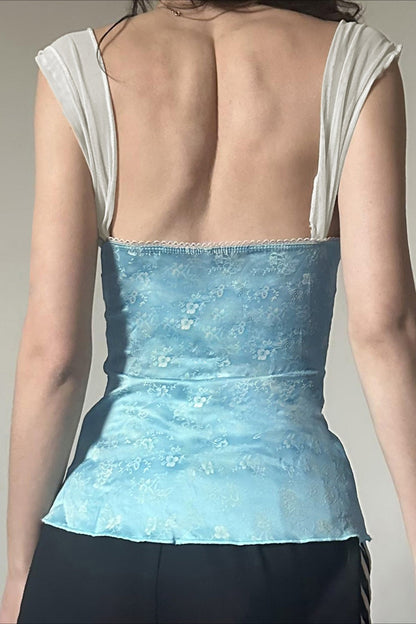 Lace Bow Floral Print Square Neck Fitted Tank Top