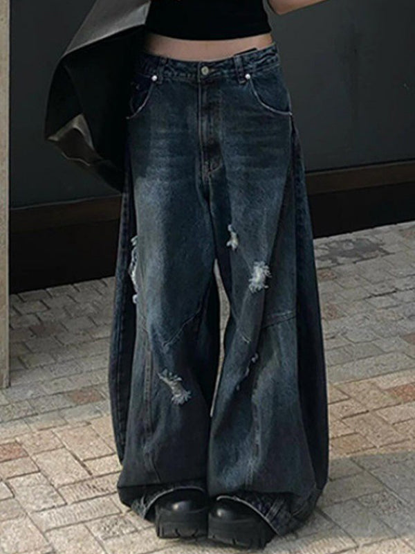 Retro Distressed Dirty Dyed Wide Legs Boyfriend Jeans