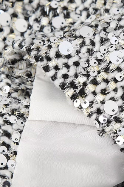 Solid Crew Neck Sequin Tweed Jacket