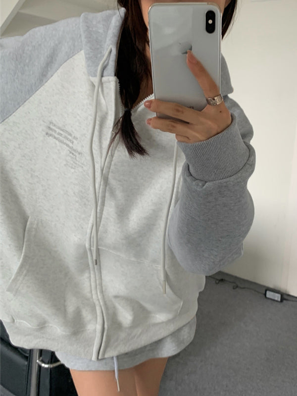 Color Block Splice Zip Up Oversized Hoodie