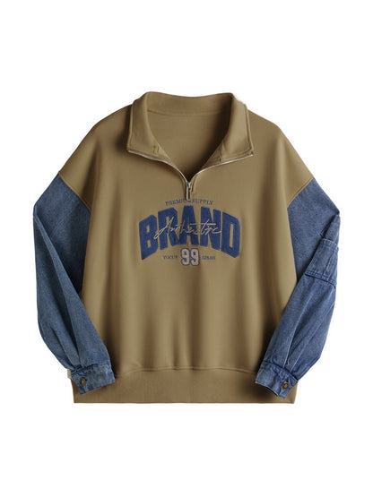 Denim Splice Letter Print Lapel Neck Oversized Hoodie
