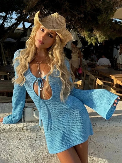 Beach Knitted Lace-Up Mini Dress