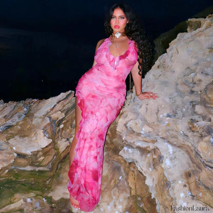 Beach Vacation Tie Dye Print Ruffle Trim Halter Maxi Dress - Pink