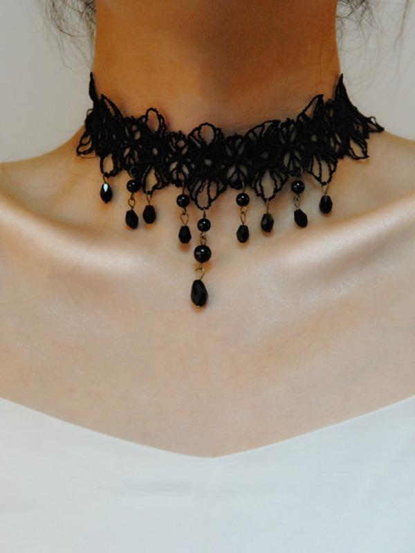 Bead Tassel Contrast Lace Choker for Women