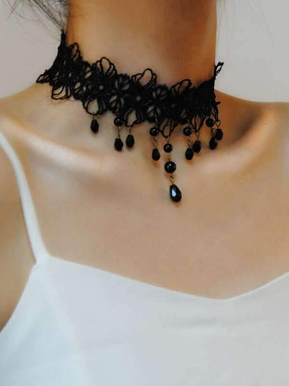 Bead Tassel Contrast Lace Choker for Women