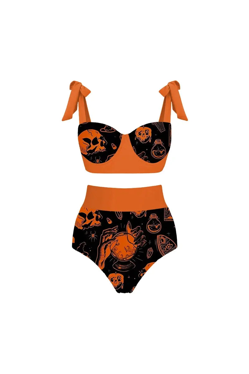 Conjunto de bikini con estampado de calavera y calabaza de Halloween