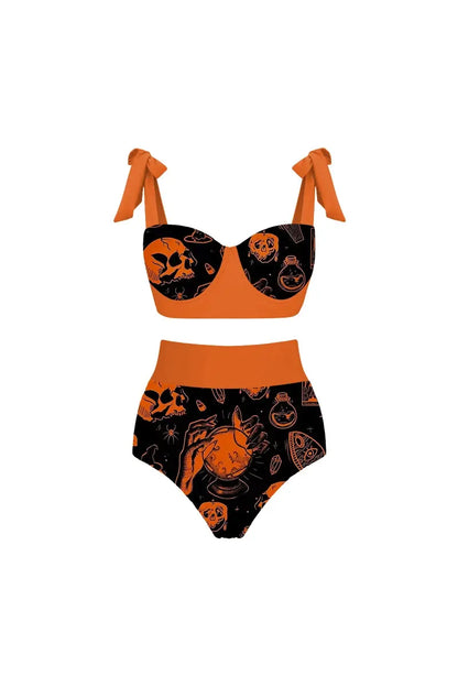 Conjunto de bikini con estampado de calavera y calabaza de Halloween