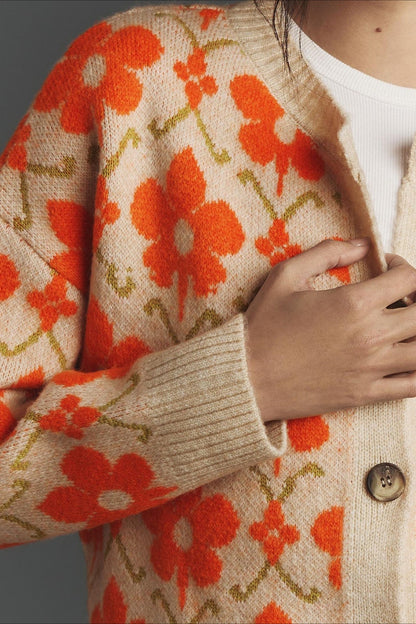 Floral Jacquard Elegant Button Long Sleeve Knit Cardigan