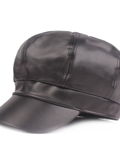 PU Beret Spring Autumn Winter Black Newsboy British Vintage Street Painter's Hat Wine Red Hat Simple Style Berets Octagonal Hat for Women