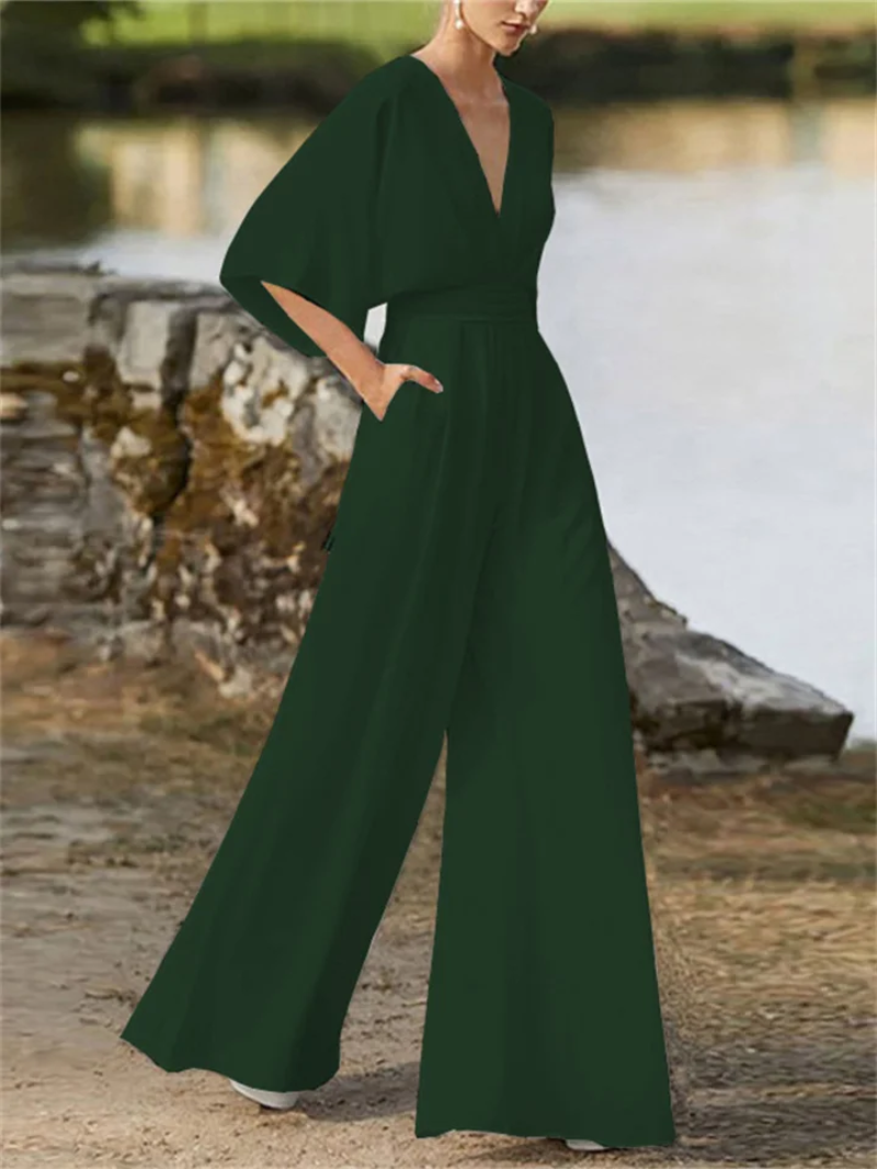 Women's Stylish V-Neck Wide-Leg Jumpsuit with Batwing Sleeves | Ideal for Spring/Summer