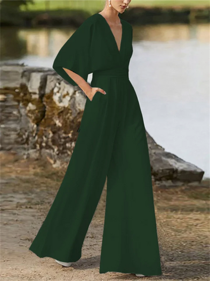 Women's Stylish V-Neck Wide-Leg Jumpsuit with Batwing Sleeves | Ideal for Spring/Summer