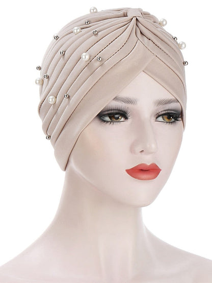 Boutique Solid Folds Pearl Muslim Turban Scarf Women Elastic Islamic Inner Hijab Caps Arab Wrap Head Femme Musulman Turbante for Women