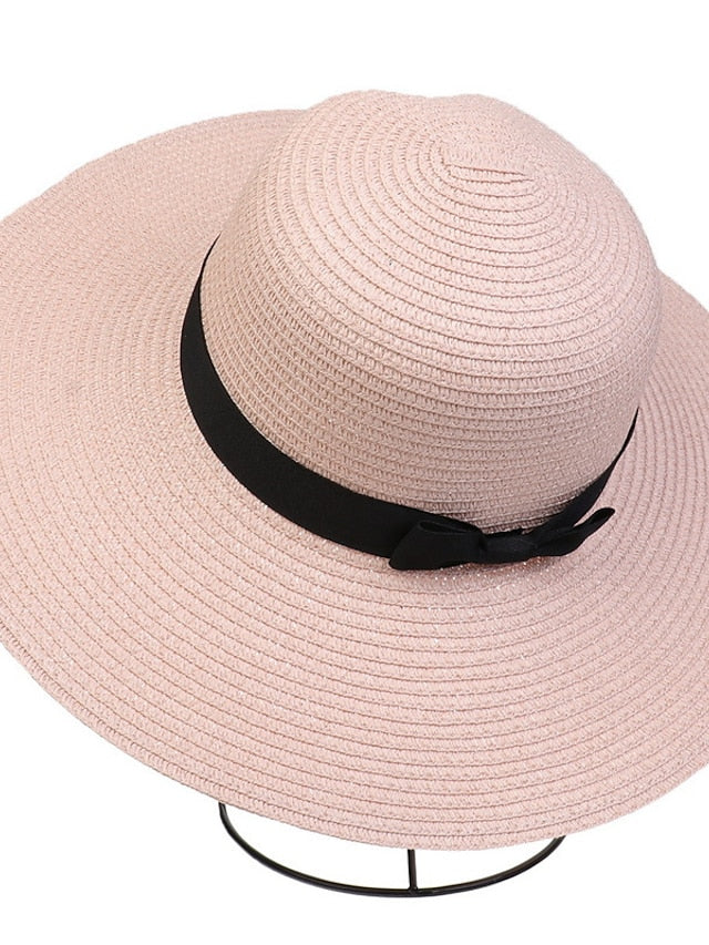 Hat Straw Hat Black Pink Khaki Outdoor Daily Holiday Braided Bow Pure Color Portable Sun Protection Breathable for Women