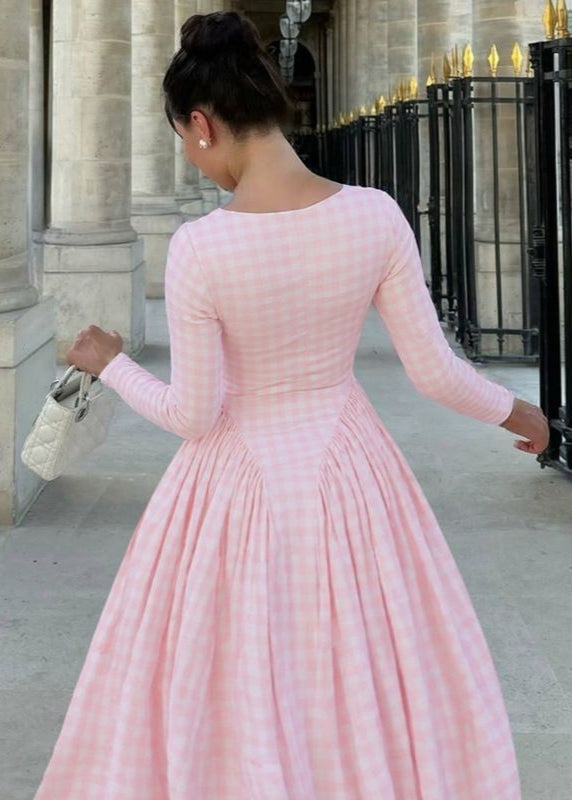 Pink Gingham Long Sleeve Midi Dress – Vintage Square Neck Fit and Flare