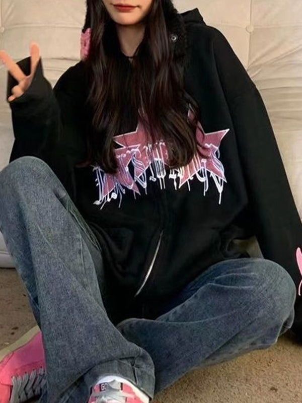 American Style Star Embroidery Fleece Oversized Hoodie