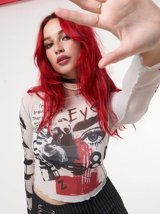 Gothic Punk Long Sleeve Printed Mesh Top