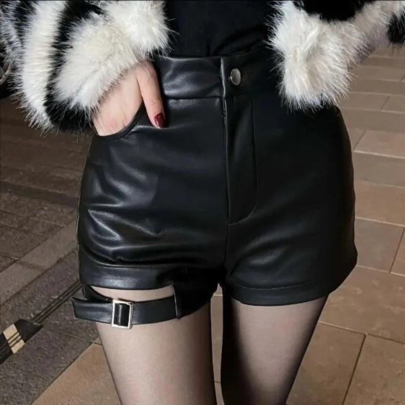 High-Waist Lace-Up Leather Shorts