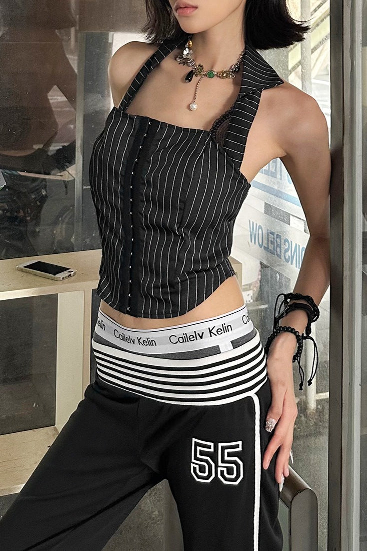Stripe Bodycon Corset Lace Trim Crop Top