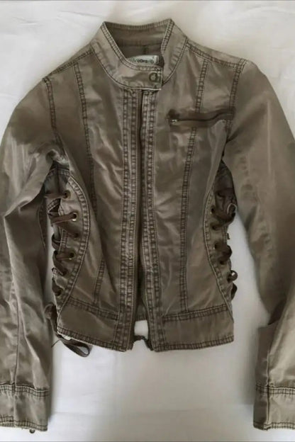 Y2K Retro Army Green Zipper Slim Jacket