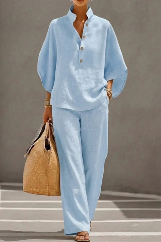 Linen Blend Solid Color Button-down Loose Top and Elastic Waist Pocket Casual Pants Set