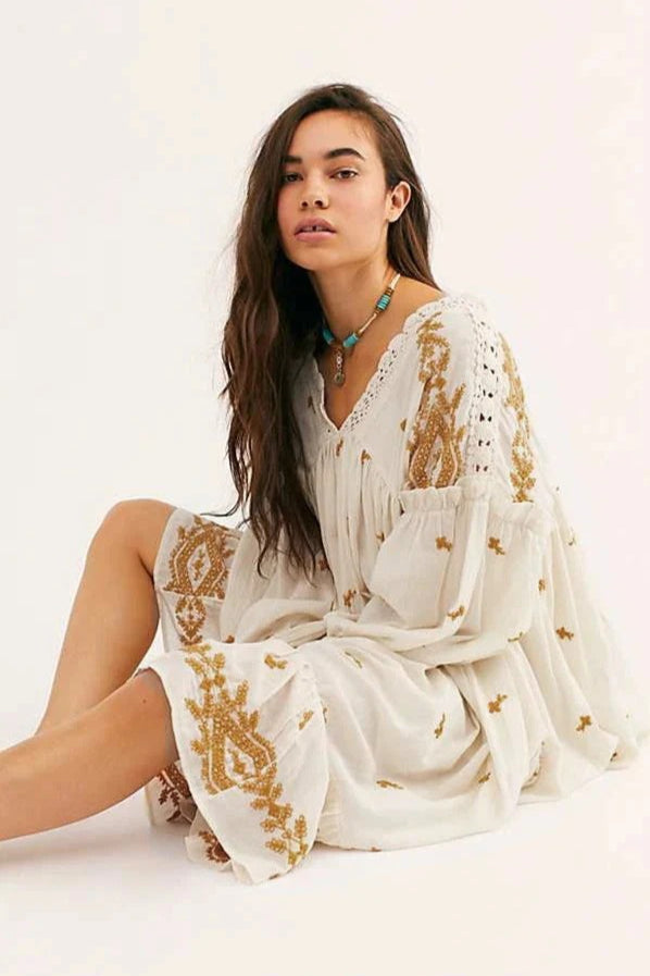 Floral Long Sleeve Midi Boho Dress