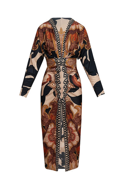 Brazilian Style Unique Print Dolman Long Sleeve Ruched Slit Midi Dress  Vestidos