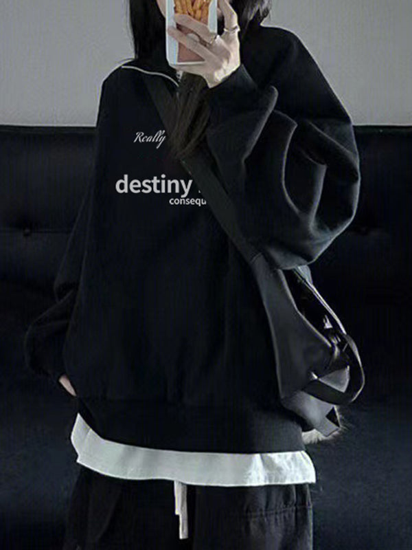 Vintage Letter Print Half Zip Lapel Neck Sweatshirt