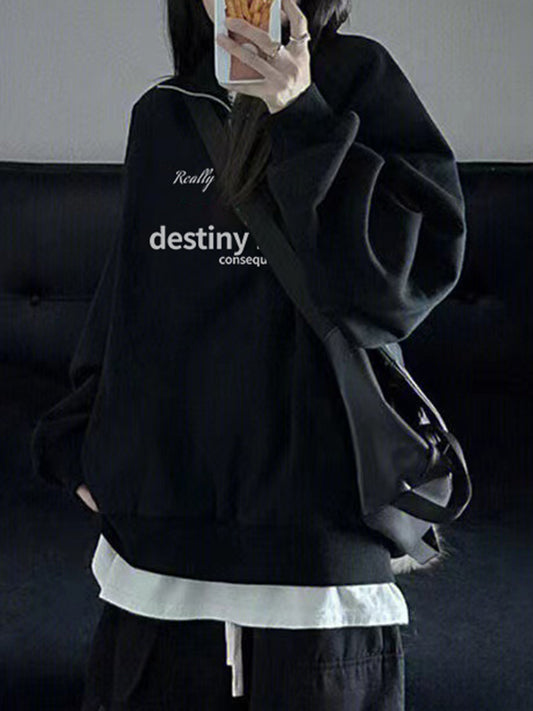 Vintage Letter Print Half Zip Lapel Neck Sweatshirt