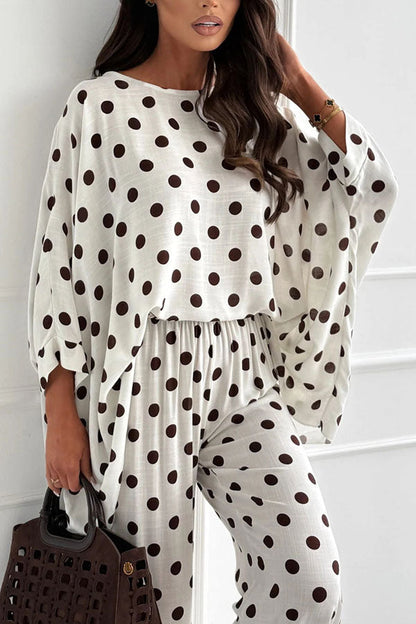 Verne Linen Blend Polka Dot Batwing Sleeve Top and Elastic Waist Pocket Loose Pants Set
